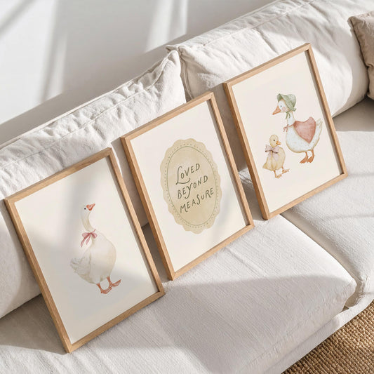 Vintage Goose Nursery Wall Art Set of 3, Duck Prints, Neutral Storybook Baby Room Decor