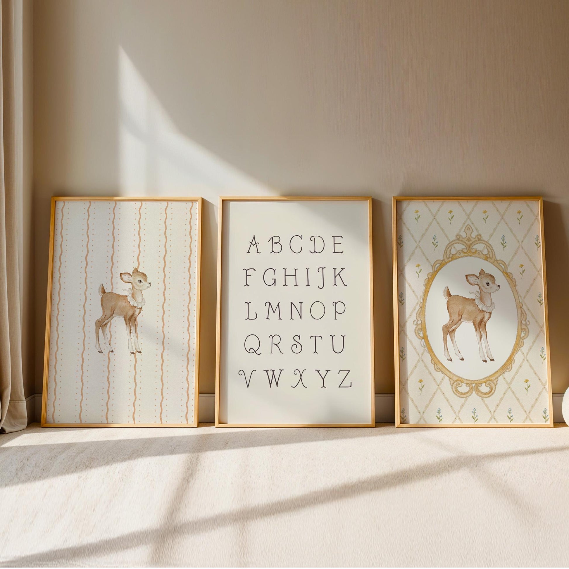 Deer Nursery Wall Art Set of 3 Prints, Vintage Fawn Prints Alphabet ABC Poster, Neutral Baby Room Decor