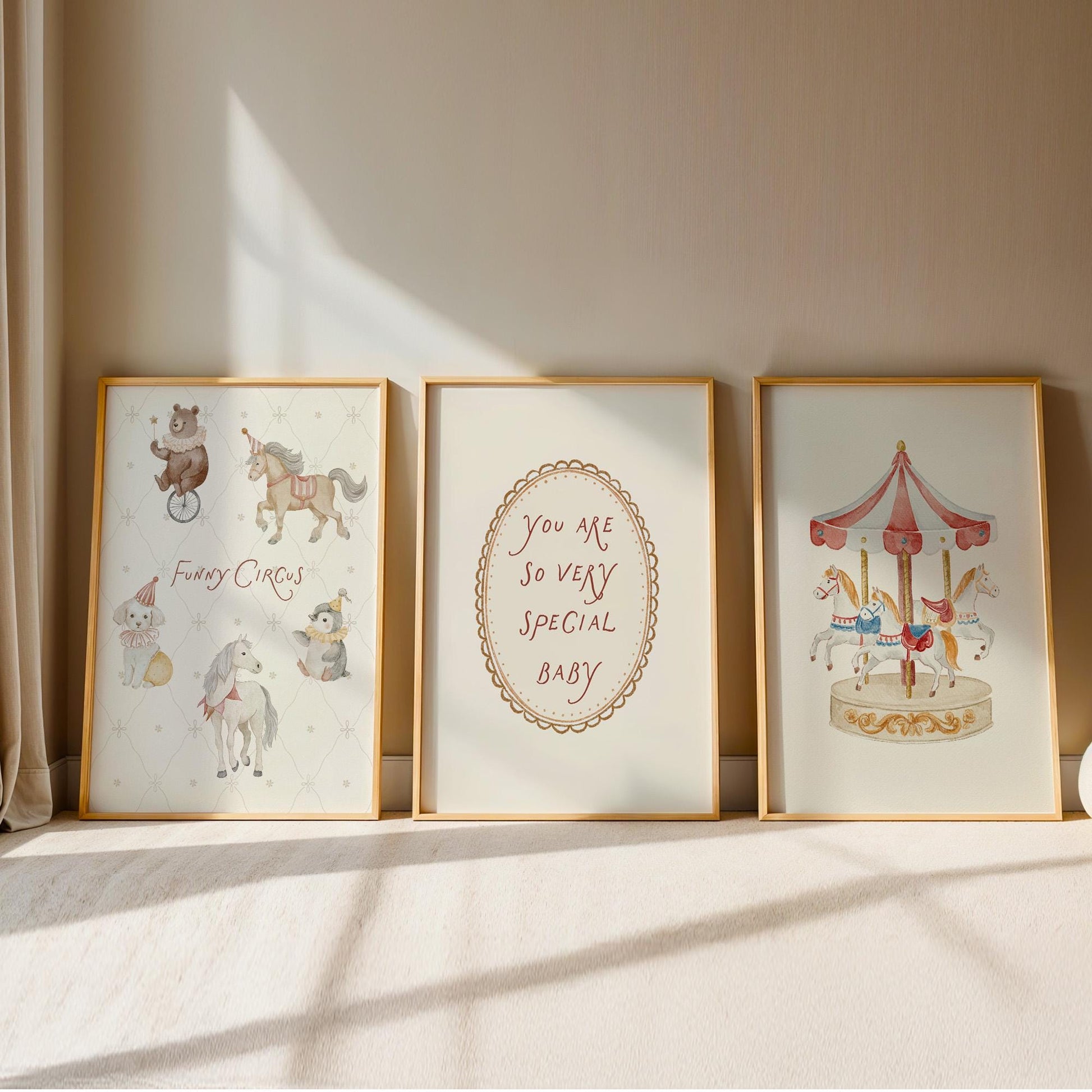 Circus Nursery Wall Art Set of 3 Prints, Vintage Carousel Baby Room Decor, Storybook Nursery