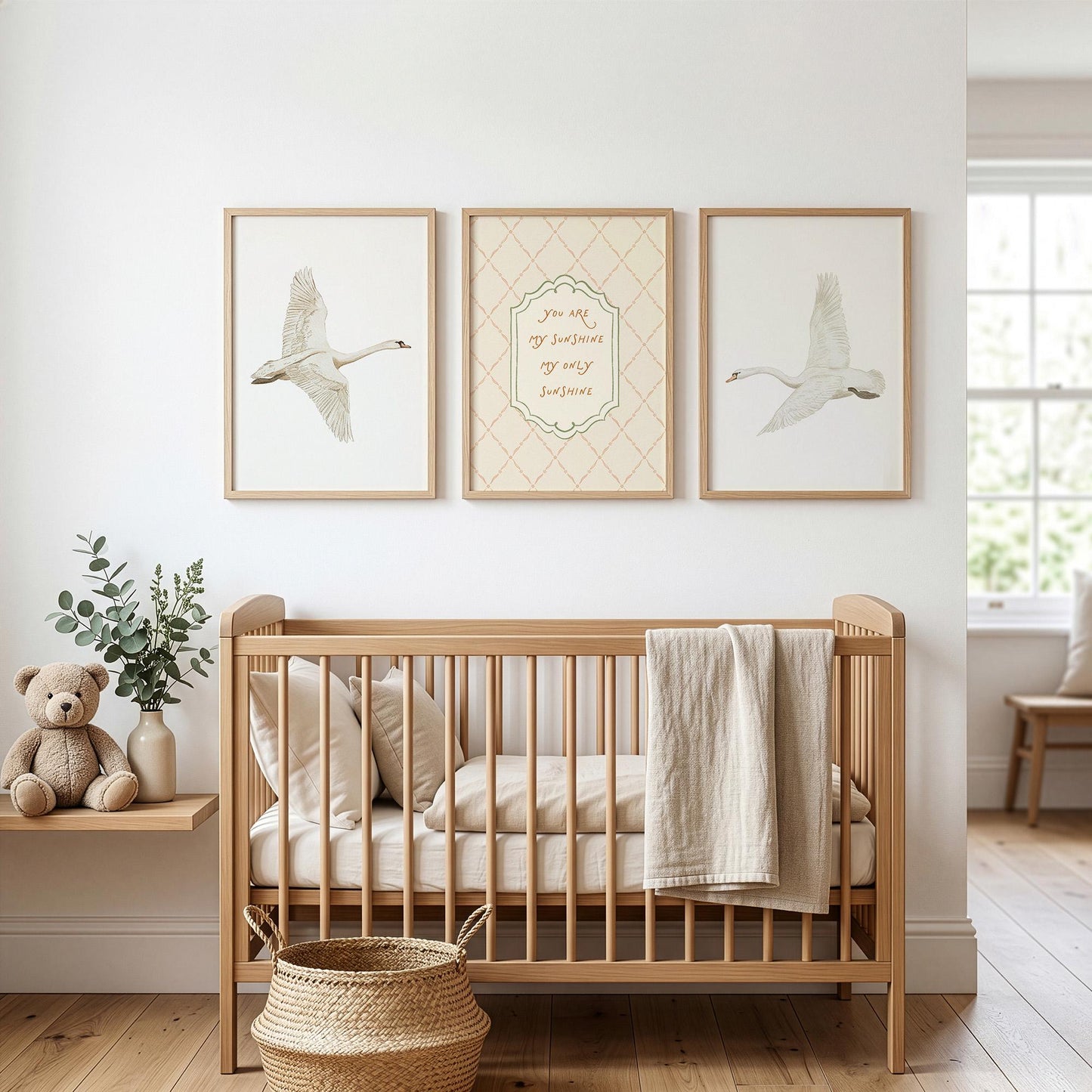 Swan Nursery Wall Art Set of 3 Prints, Vintage You Are My Sunshine Quote, Neutral Baby Room Decor