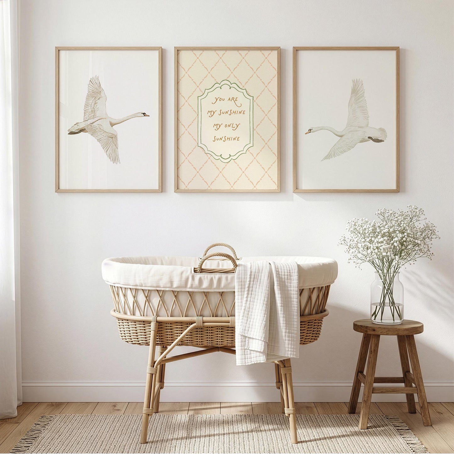 Swan Nursery Wall Art Set of 3 Prints, Vintage You Are My Sunshine Quote, Neutral Baby Room Decor
