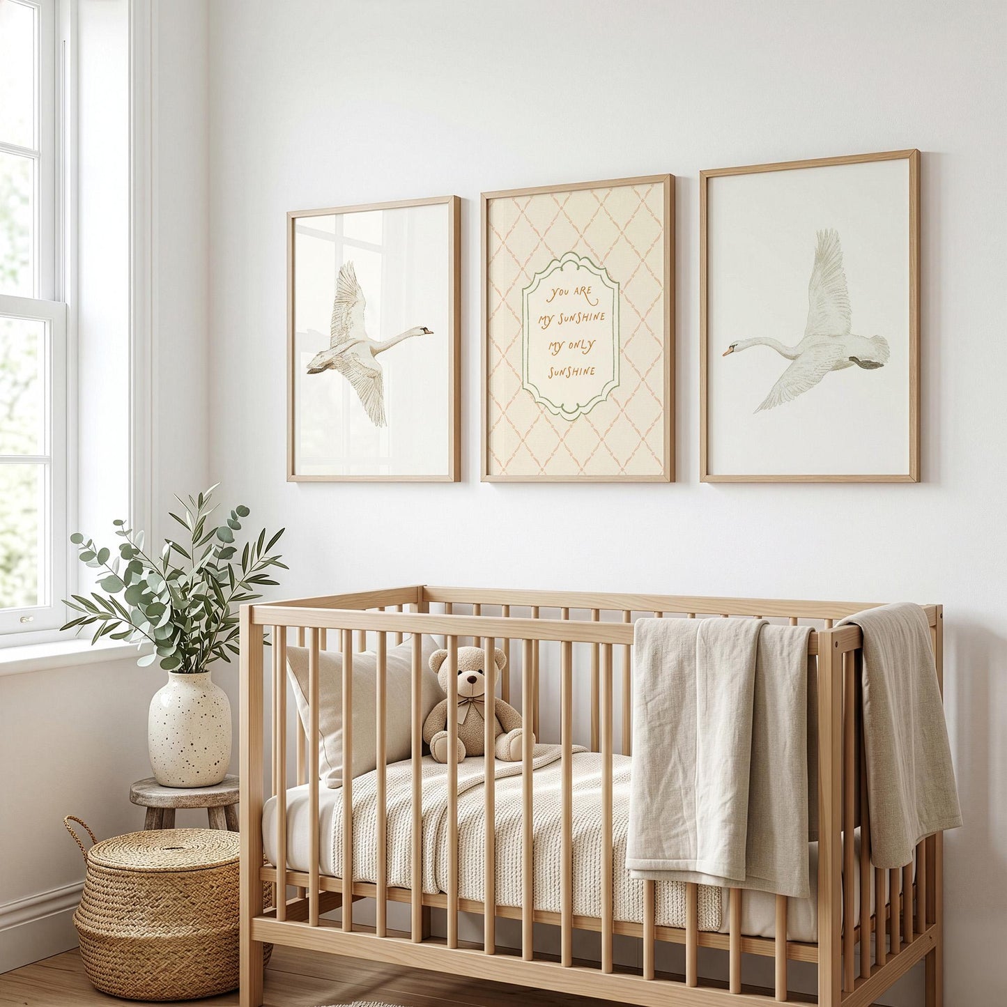 Swan Nursery Wall Art Set of 3 Prints, Vintage You Are My Sunshine Quote, Neutral Baby Room Decor