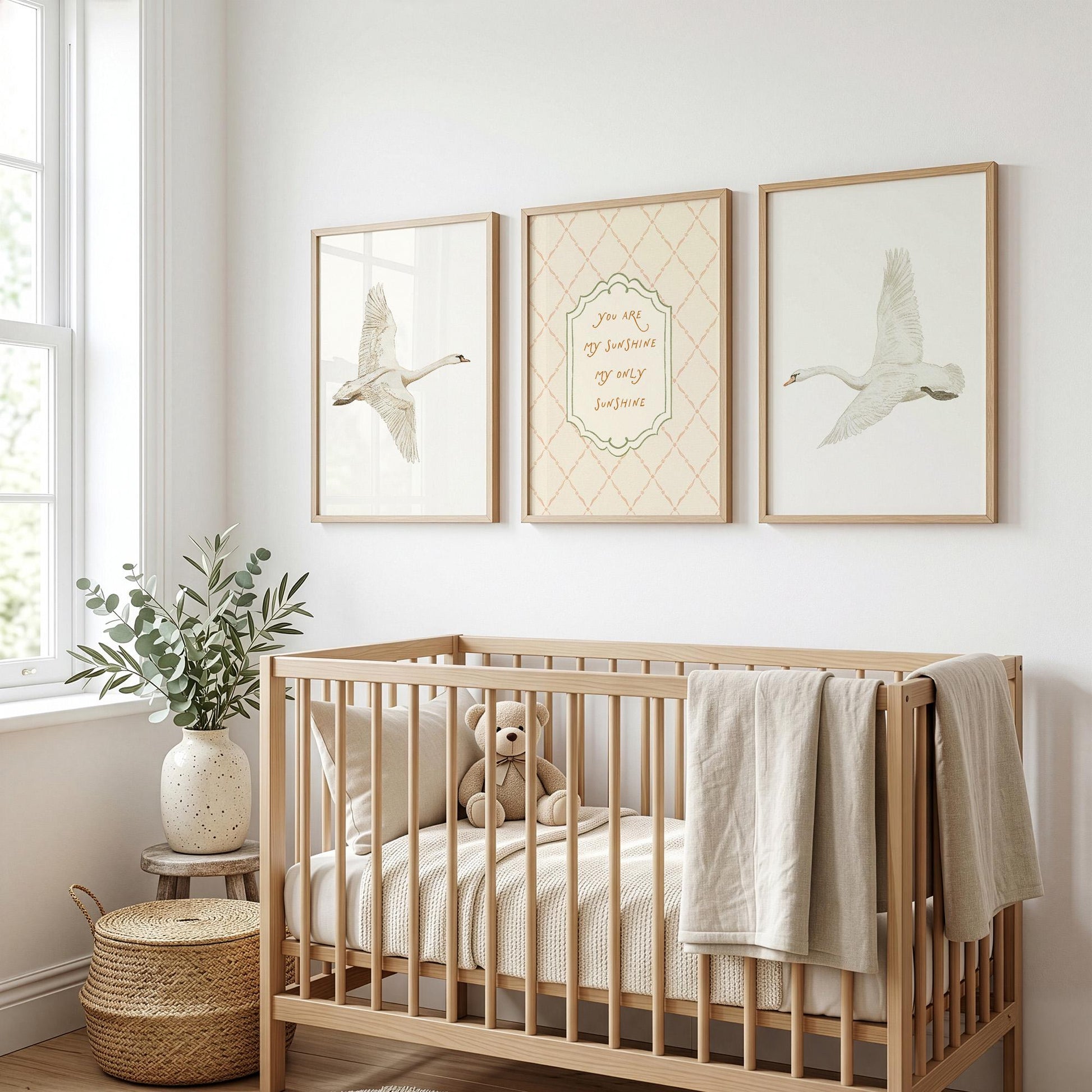 Swan Nursery Wall Art Set of 3 Prints, Vintage You Are My Sunshine Quote, Neutral Baby Room Decor