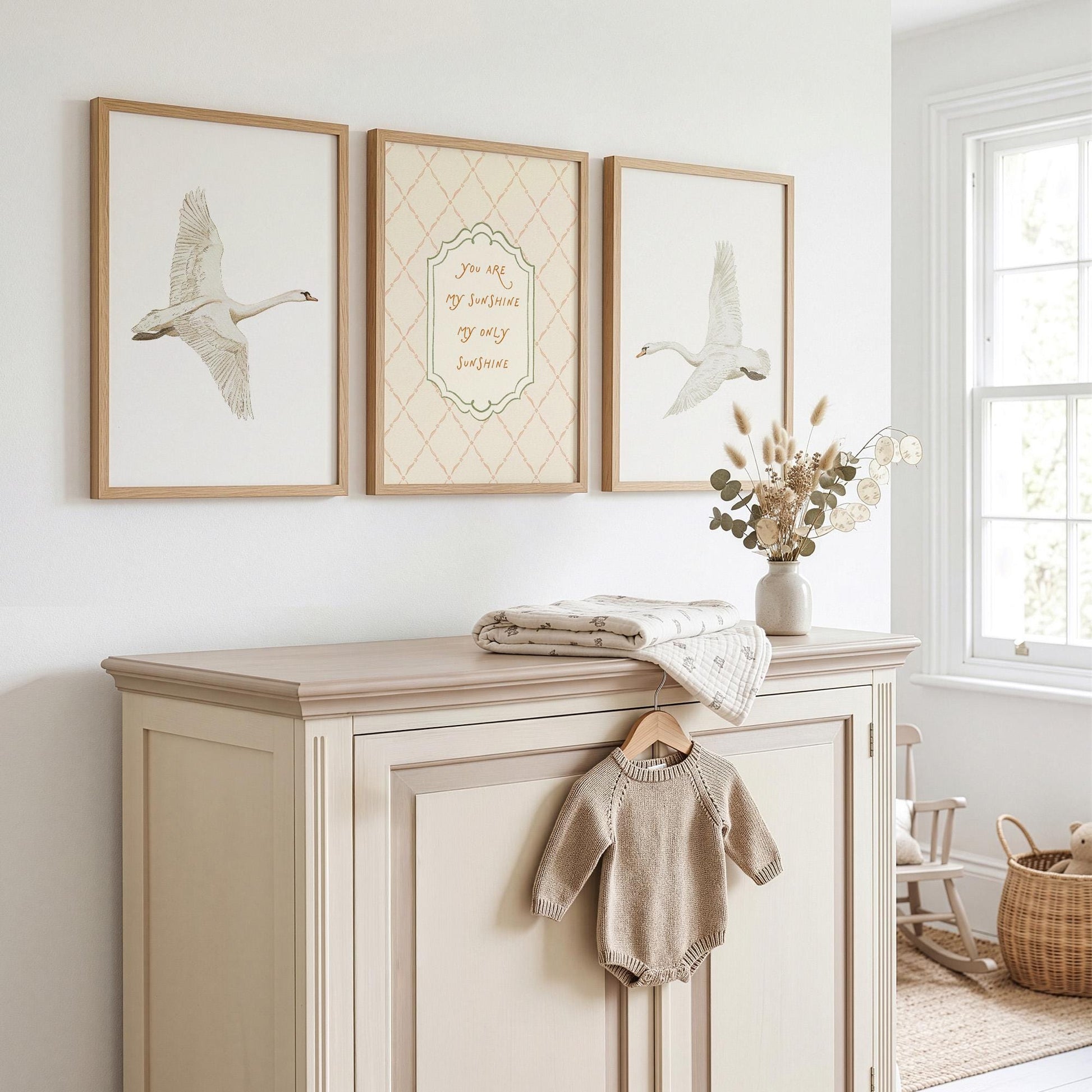 Swan Nursery Wall Art Set of 3 Prints, Vintage You Are My Sunshine Quote, Neutral Baby Room Decor