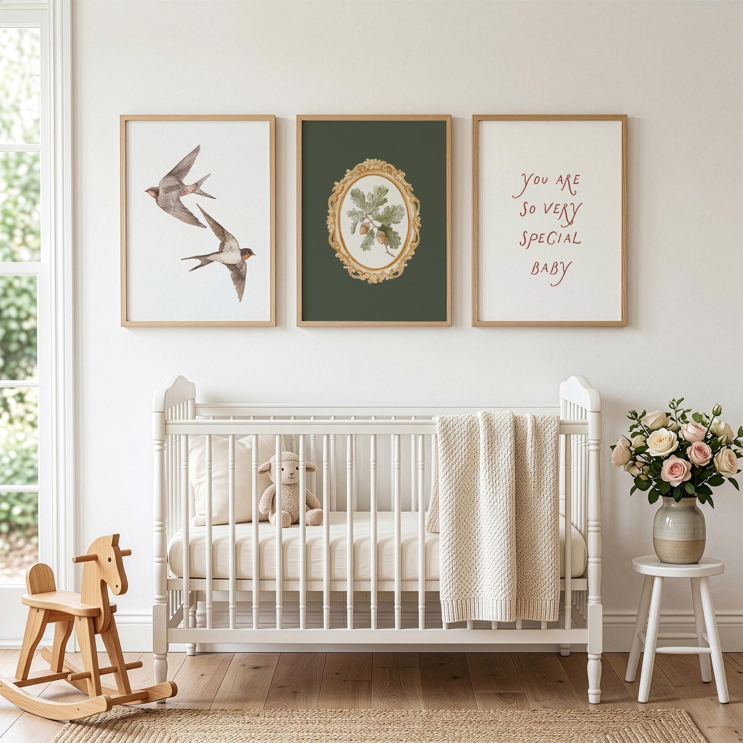 Olive Green Botanical Nursery Prints - Set of 3 - Vintage Swallow Bird Nursery Wall Art