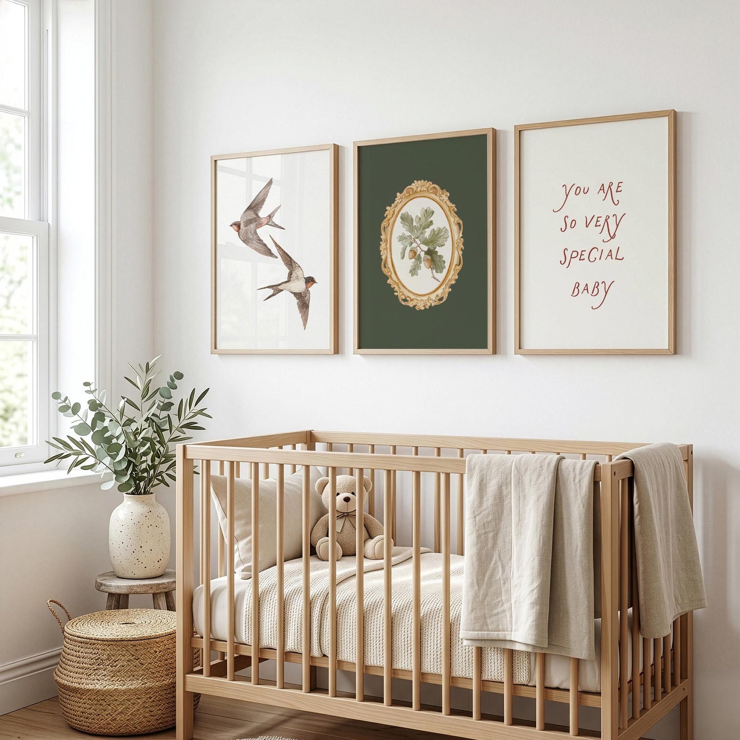 Olive Green Botanical Nursery Prints - Set of 3 - Vintage Swallow Bird Nursery Wall Art