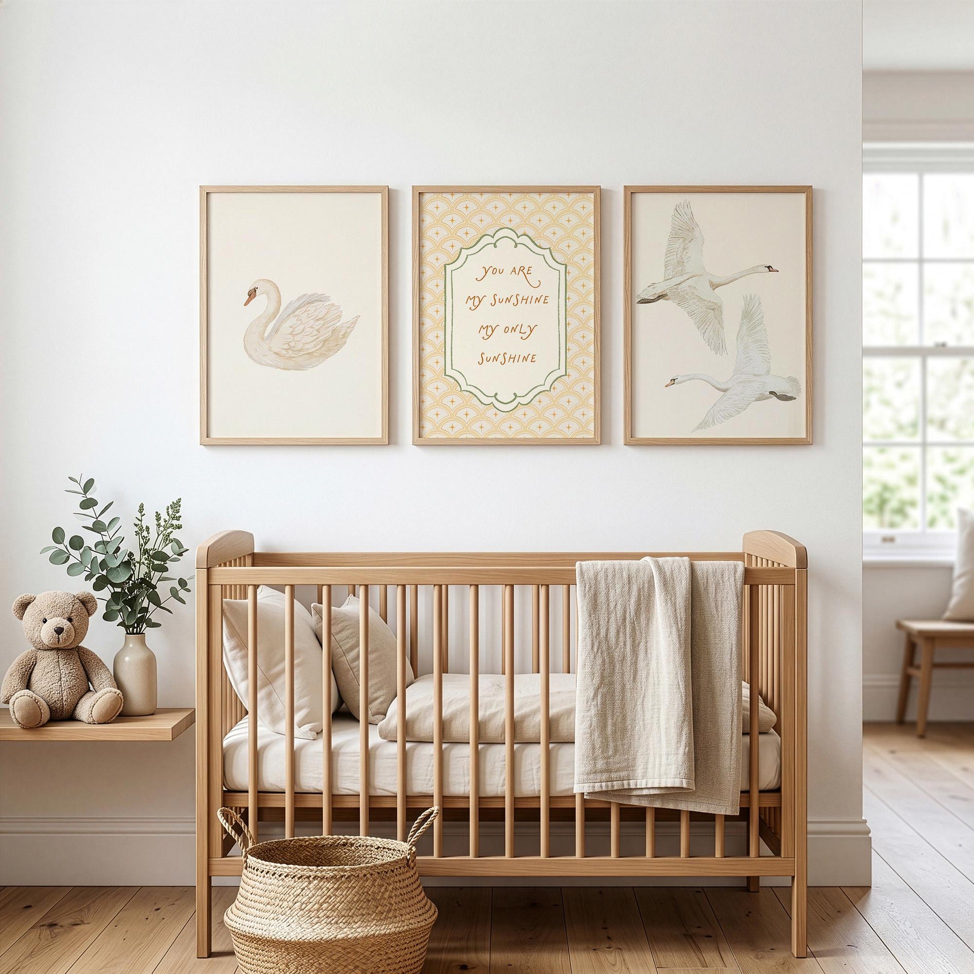 Swan Nursery Wall Art Set of 3 Prints, Vintage Yellow You Are My Sunshine Baby Room Quote