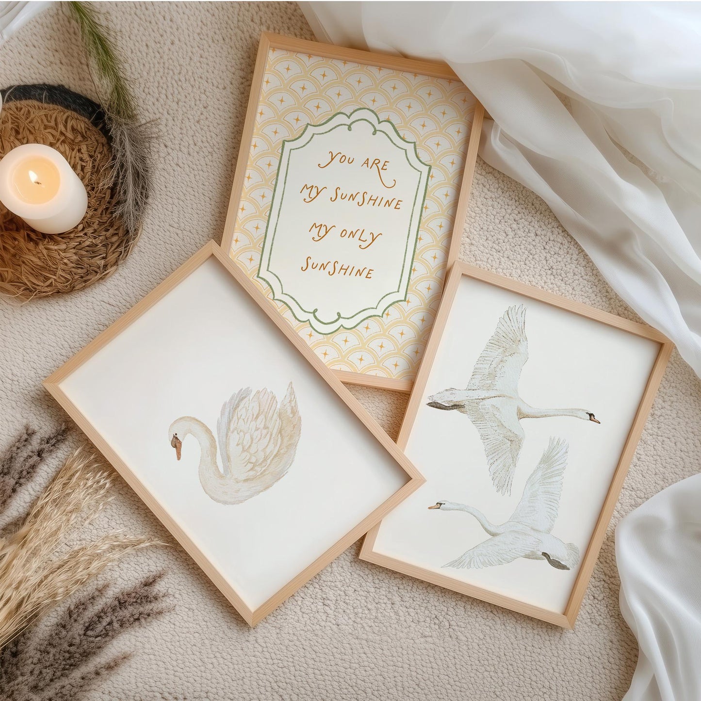 Swan Nursery Wall Art Set of 3 Prints, Vintage Yellow You Are My Sunshine Baby Room Quote