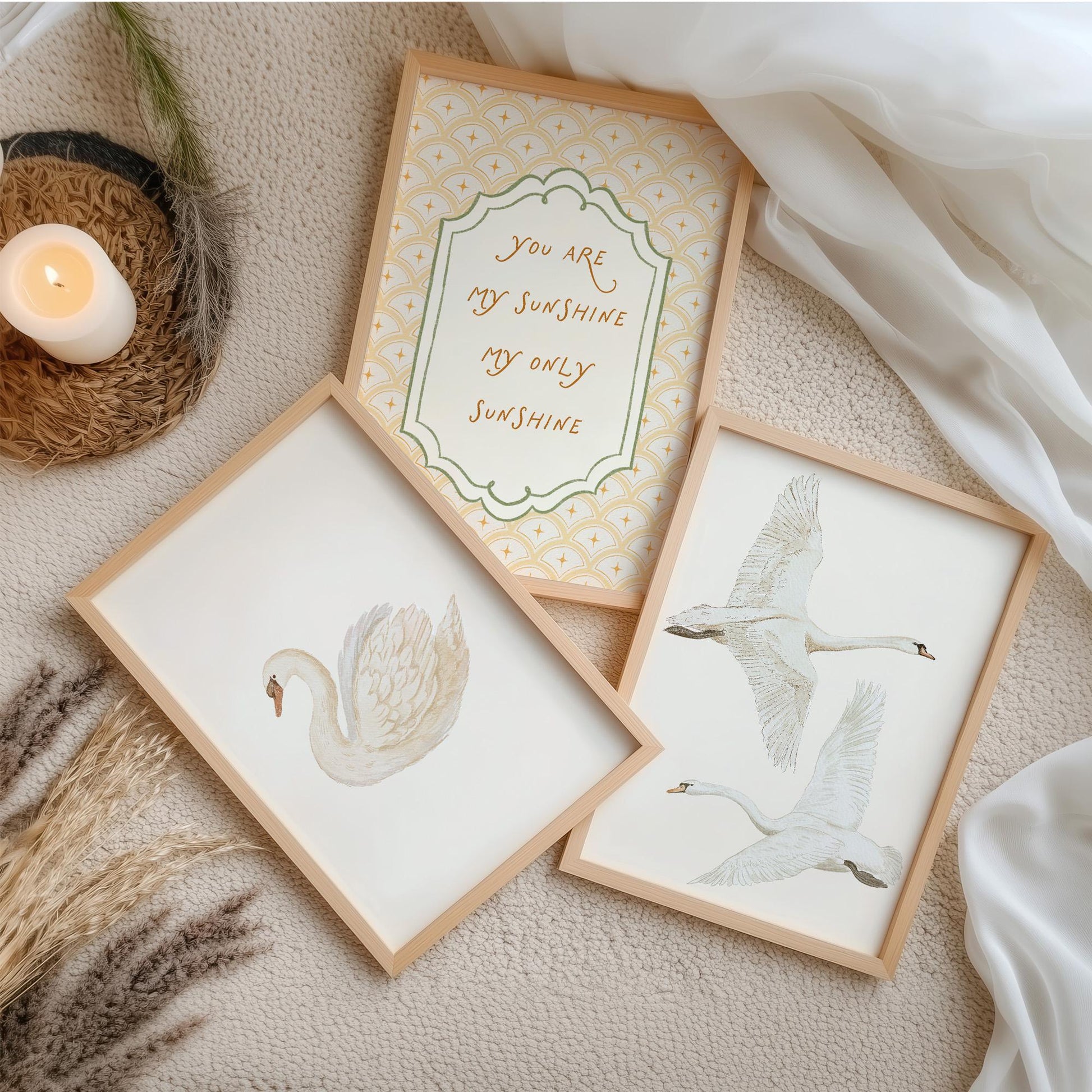 Swan Nursery Wall Art Set of 3 Prints, Vintage Yellow You Are My Sunshine Baby Room Quote