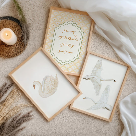 Swan Nursery Wall Art Set of 3 Prints, Vintage Yellow You Are My Sunshine Baby Room Quote