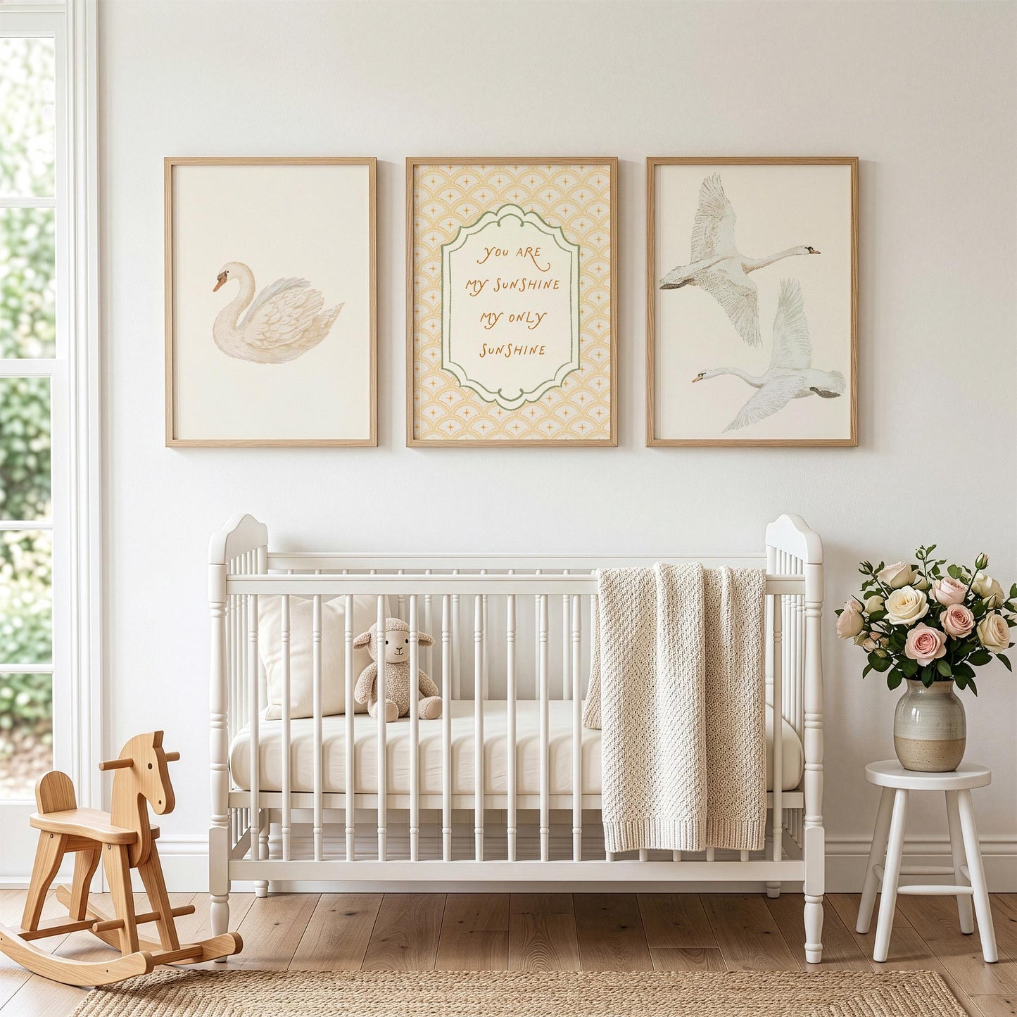 Swan Nursery Wall Art Set of 3 Prints, Vintage Yellow You Are My Sunshine Baby Room Quote