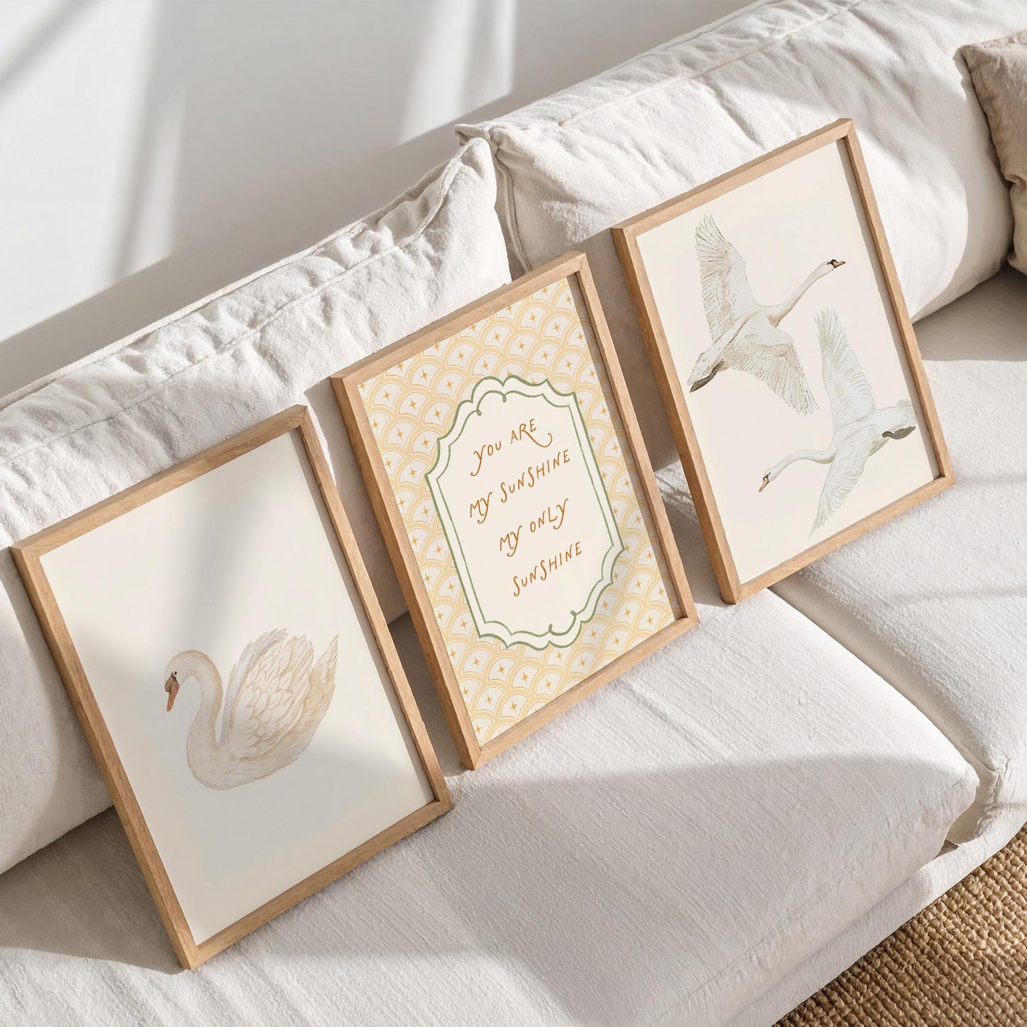 Swan Nursery Wall Art Set of 3 Prints, Vintage Yellow You Are My Sunshine Baby Room Quote