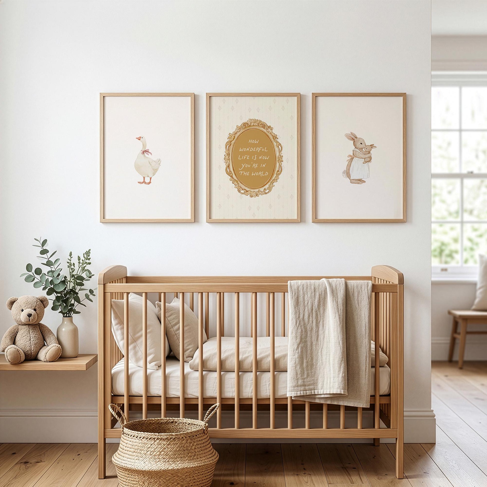 Vintage Nursery Set of 3 Prints, Goose and Bunny Wall Art, Beige Gold Nursery Decor