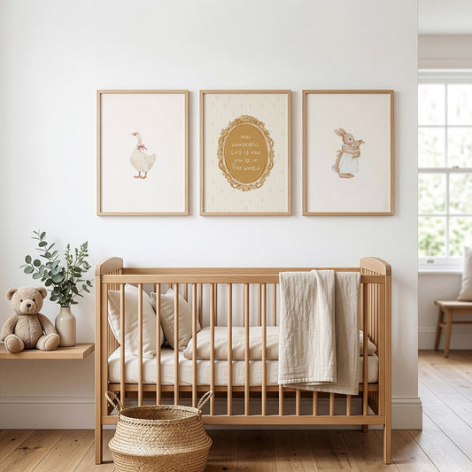 Vintage Nursery Set of 3 Prints, Goose and Bunny Wall Art, Beige Gold Nursery Decor