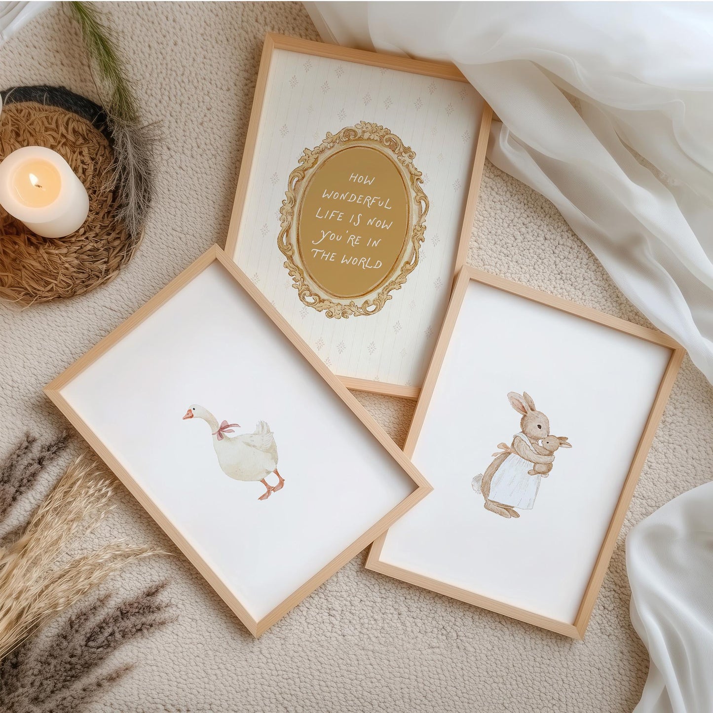Vintage Nursery Set of 3 Prints, Goose and Bunny Wall Art, Beige Gold Nursery Decor