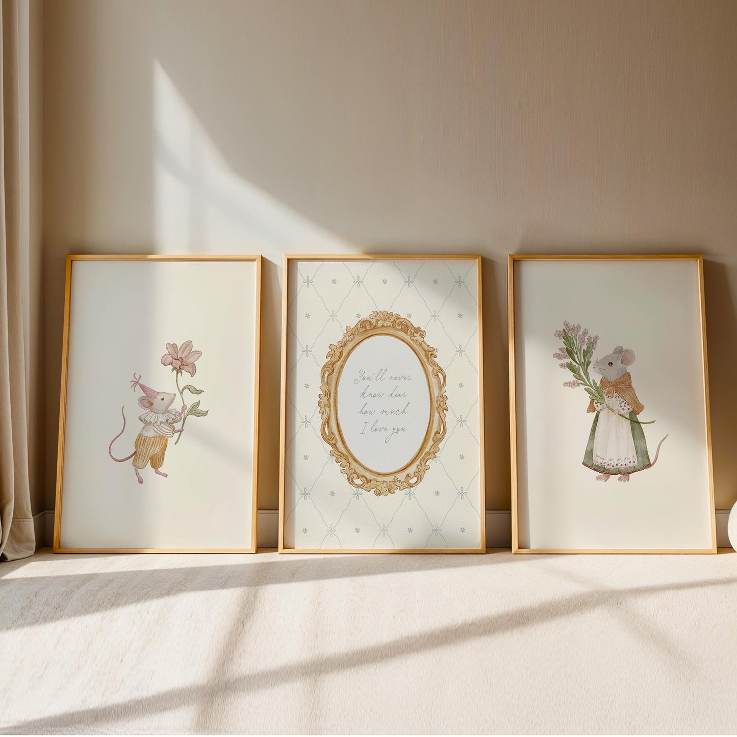 Mouse Nursery Wall Art Set of 3, Baby Girl Nursery Prints, Pink Neutral Nursery Decor