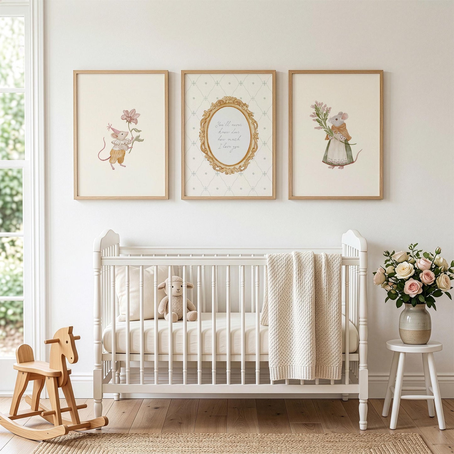 Mouse Nursery Wall Art Set of 3, Baby Girl Nursery Prints, Pink Neutral Nursery Decor