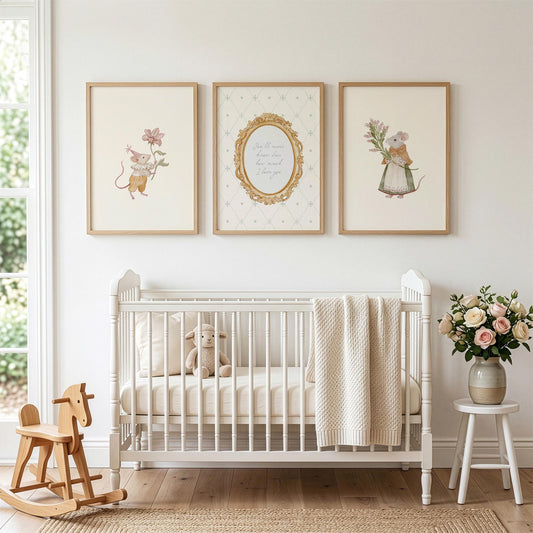 Mouse Nursery Wall Art Set of 3, Baby Girl Nursery Prints, Pink Neutral Nursery Decor