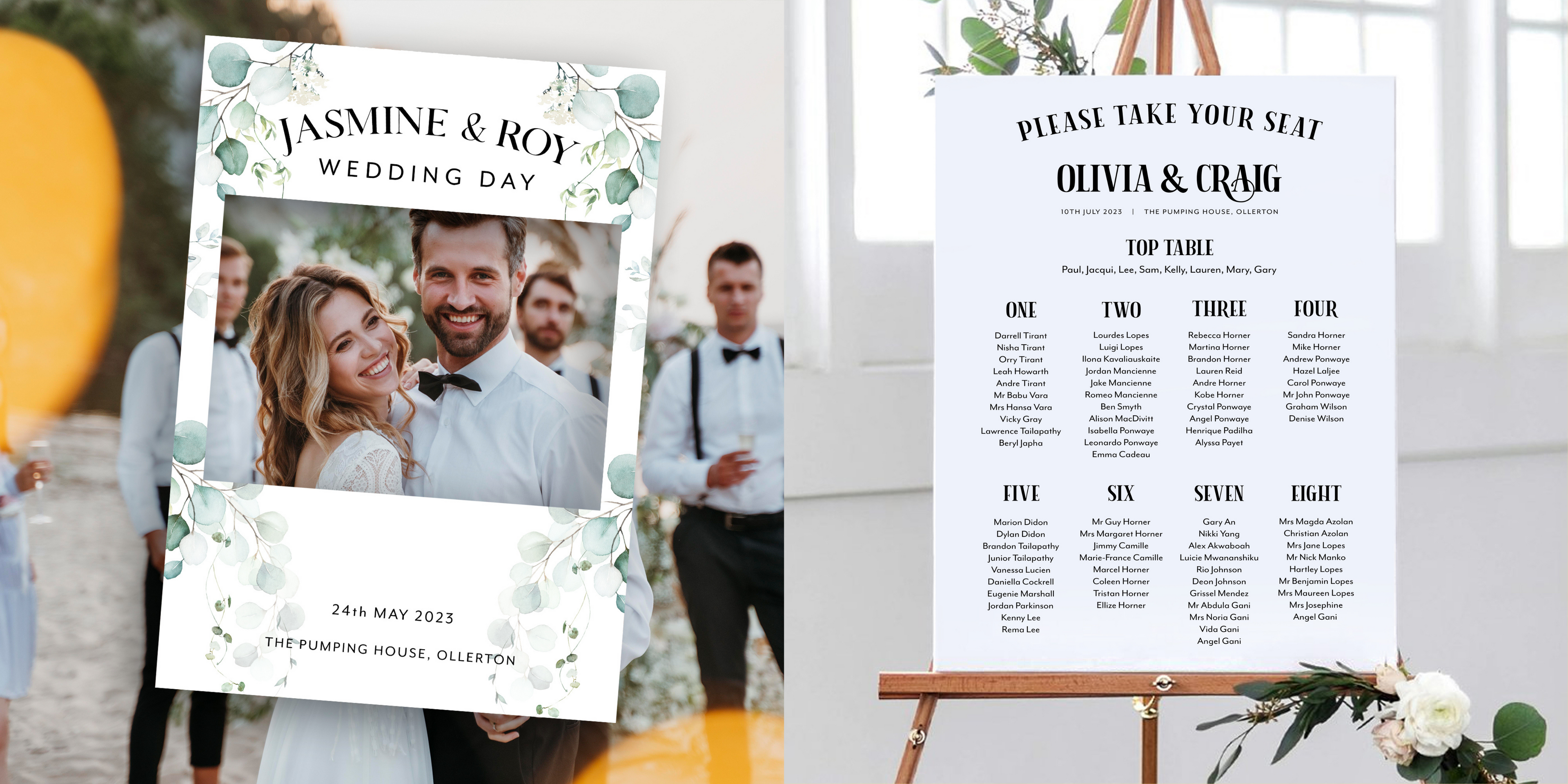 image of a wedding selfie frame and a wedding seating plan