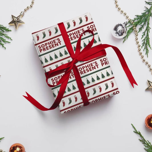 Personalised Christmas Wrapping Paper, Luxury Xmas Gift Wrap with Name, Red and Green Modern Christmas Wrapping Paper