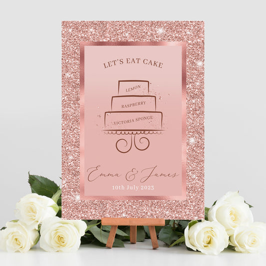 Rose Gold Wedding Cake Table Sign, Wedding Cake Flavour Sign, Let’s Eat Cake Sign, Dessert Bar Sign, Custom Wording Possible