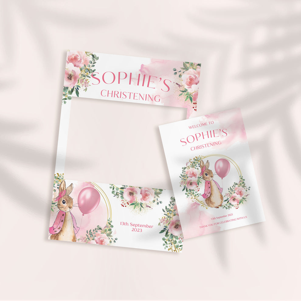 Pink Bunny Rabbit Christening Selfie Frame & Sign, Christening