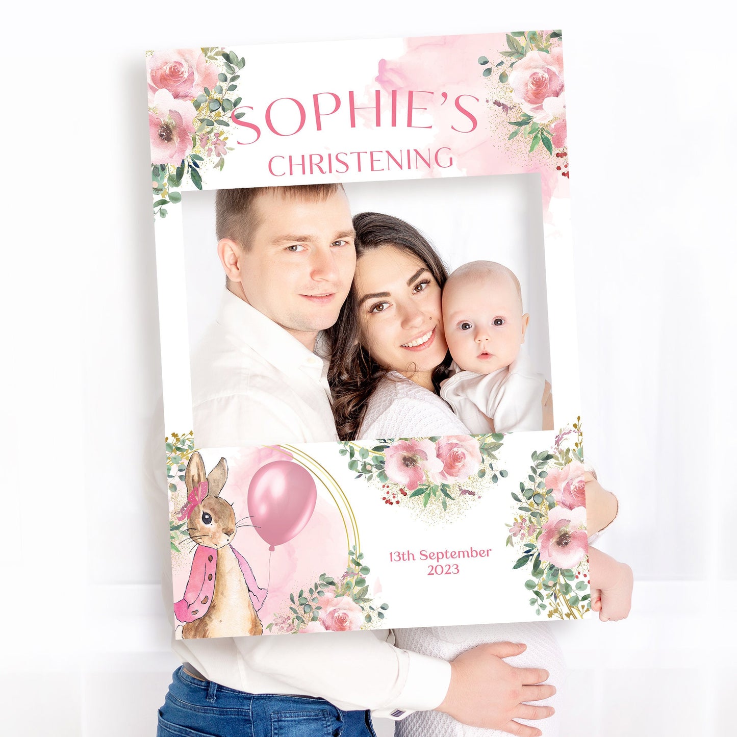 Pink Peter Rabbit Christening Selfie Frame & Welcome Sign