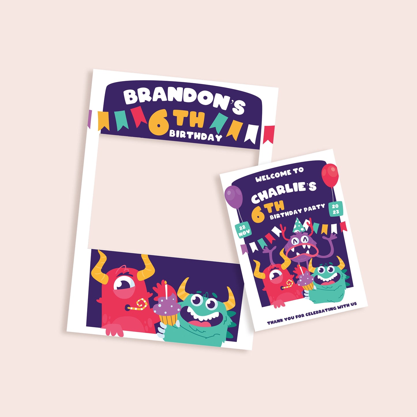 Colourful Monsters Birthday Selfie Frame and Welcome Sign, Personalised Monster Party Photo Booth, Fun and Friendly Monster Theme Birthday