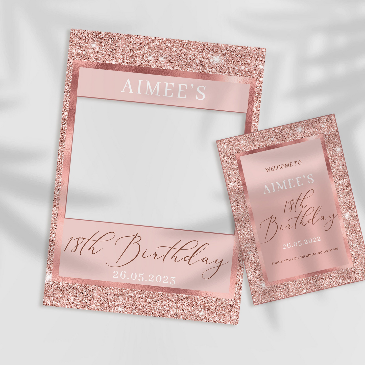 Rose Gold Birthday Selfie Frame and Matching Party Sign