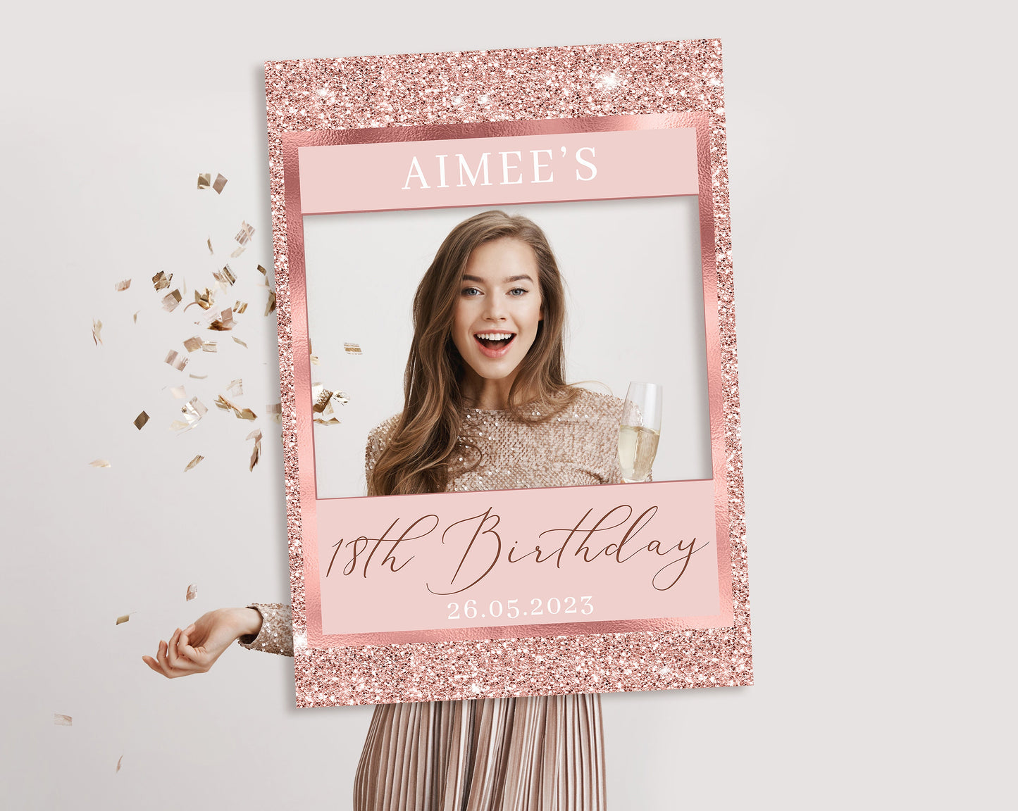 Rose Gold Birthday Selfie Frame and Matching Party Sign