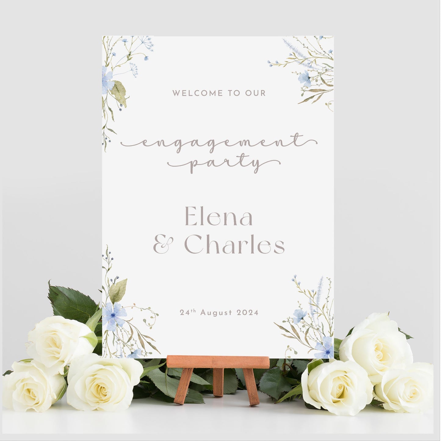 Blue Wild Flowers Engagement Party Selfie Frame and Party Sign