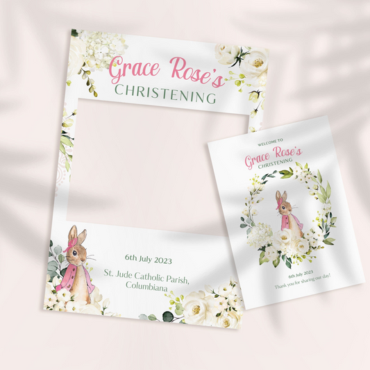 Girl's Pink Rabbit Christening Selfie Frame and Welcome Sign