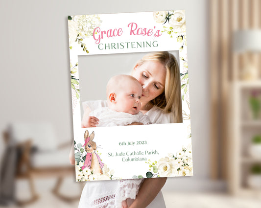 Girl's Pink Rabbit Christening Selfie Frame and Welcome Sign