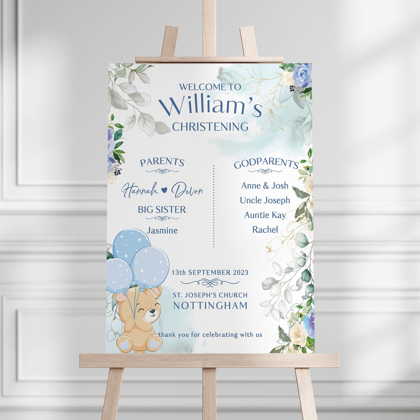 Christening Welcome Sign, Teddy Bear Christening Sign, Boy's Christening Decor, Boy's Baptism Welcome Sign, Boys Blue Christening Party