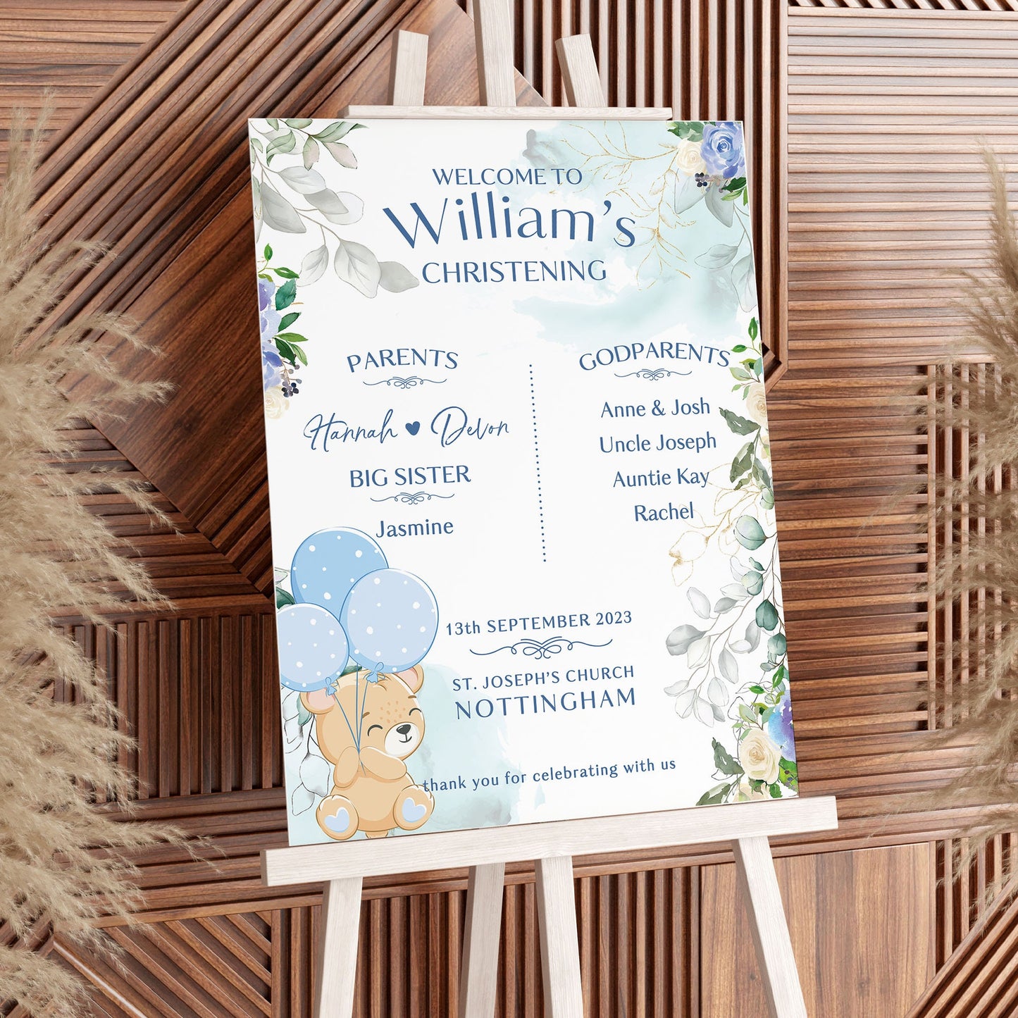 Christening Welcome Sign, Teddy Bear Christening Sign, Boy's Christening Decor, Boy's Baptism Welcome Sign, Boys Blue Christening Party