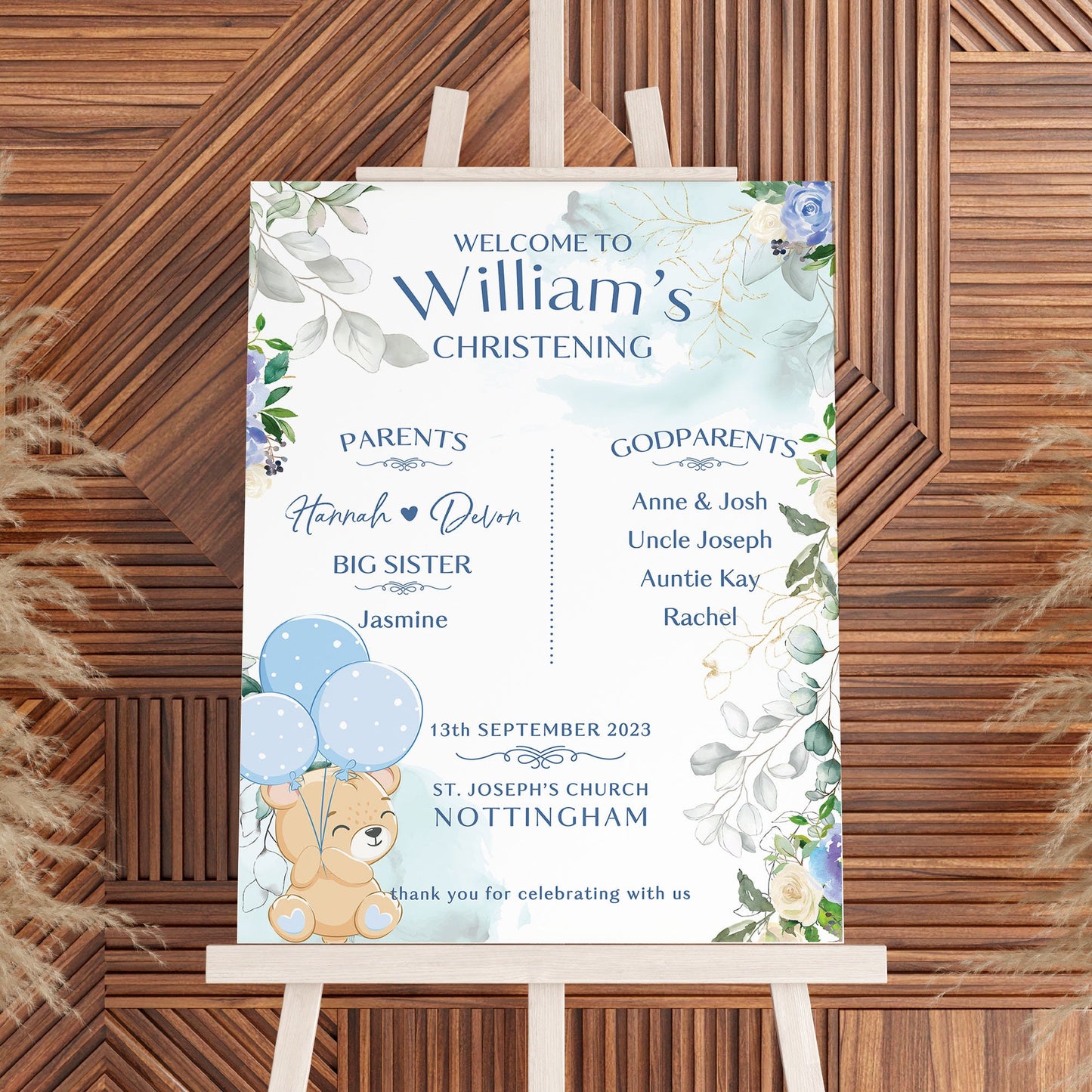 Christening Welcome Sign, Teddy Bear Christening Sign, Boy's Christening Decor, Boy's Baptism Welcome Sign, Boys Blue Christening Party