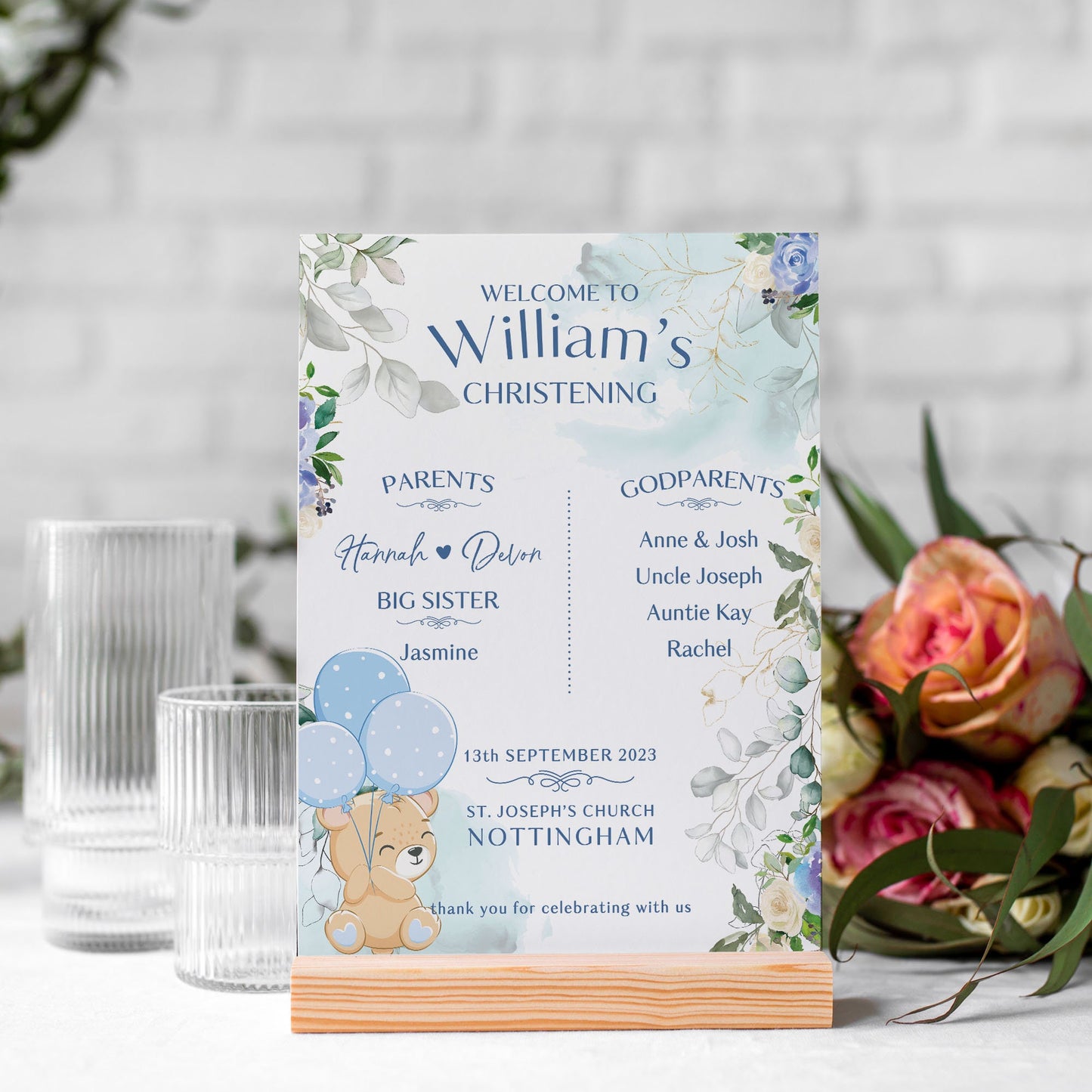 Christening Welcome Sign, Teddy Bear Christening Sign, Boy's Christening Decor, Boy's Baptism Welcome Sign, Boys Blue Christening Party