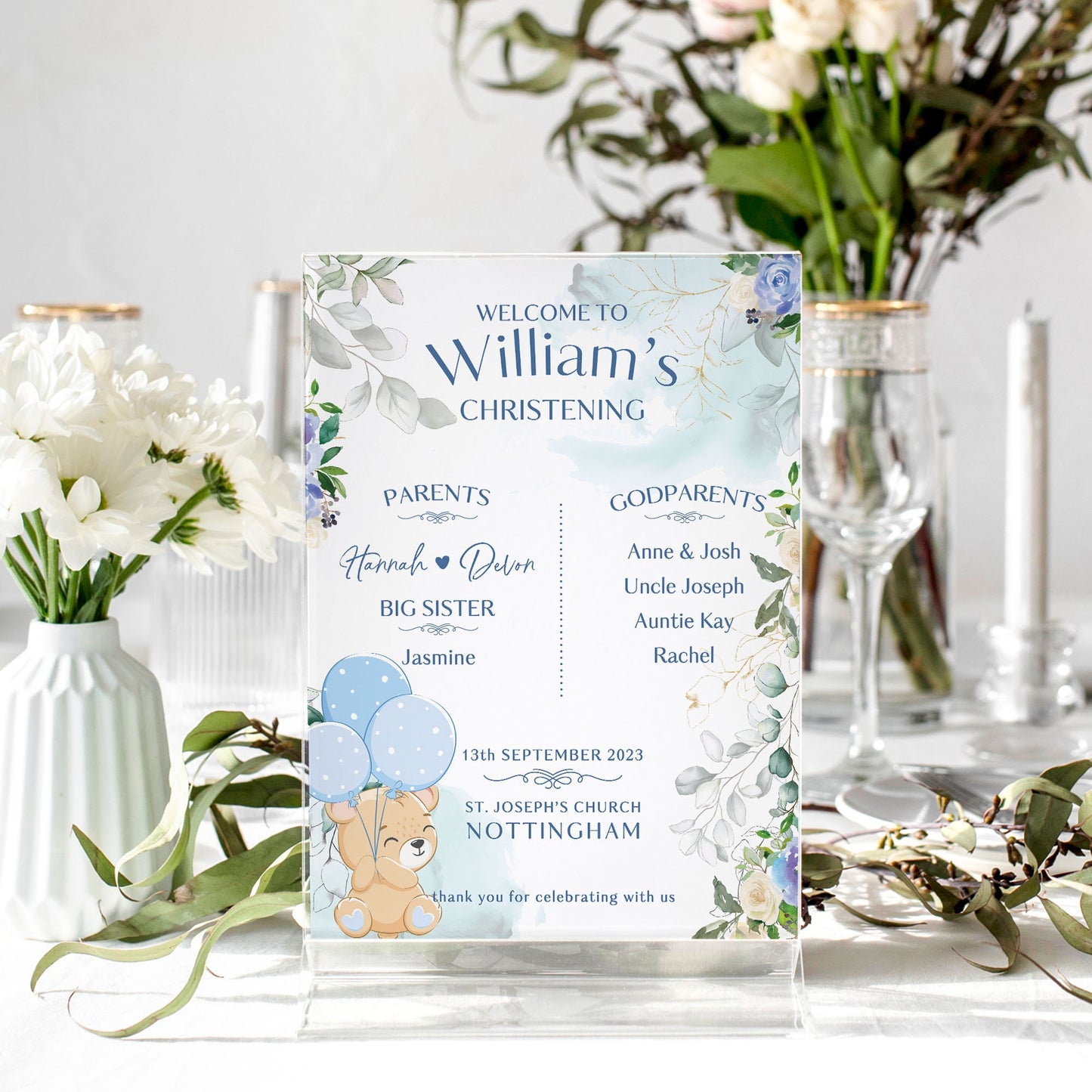 Christening Welcome Sign, Teddy Bear Christening Sign, Boy's Christening Decor, Boy's Baptism Welcome Sign, Boys Blue Christening Party