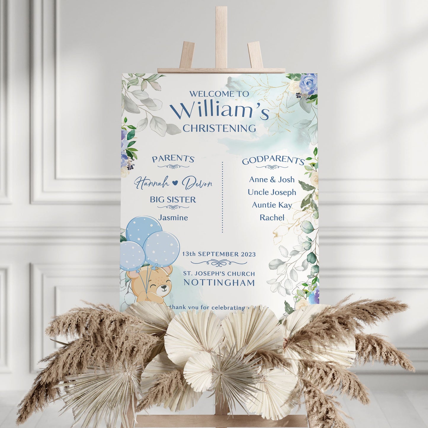 Christening Welcome Sign, Teddy Bear Christening Sign, Boy's Christening Decor, Boy's Baptism Welcome Sign, Boys Blue Christening Party