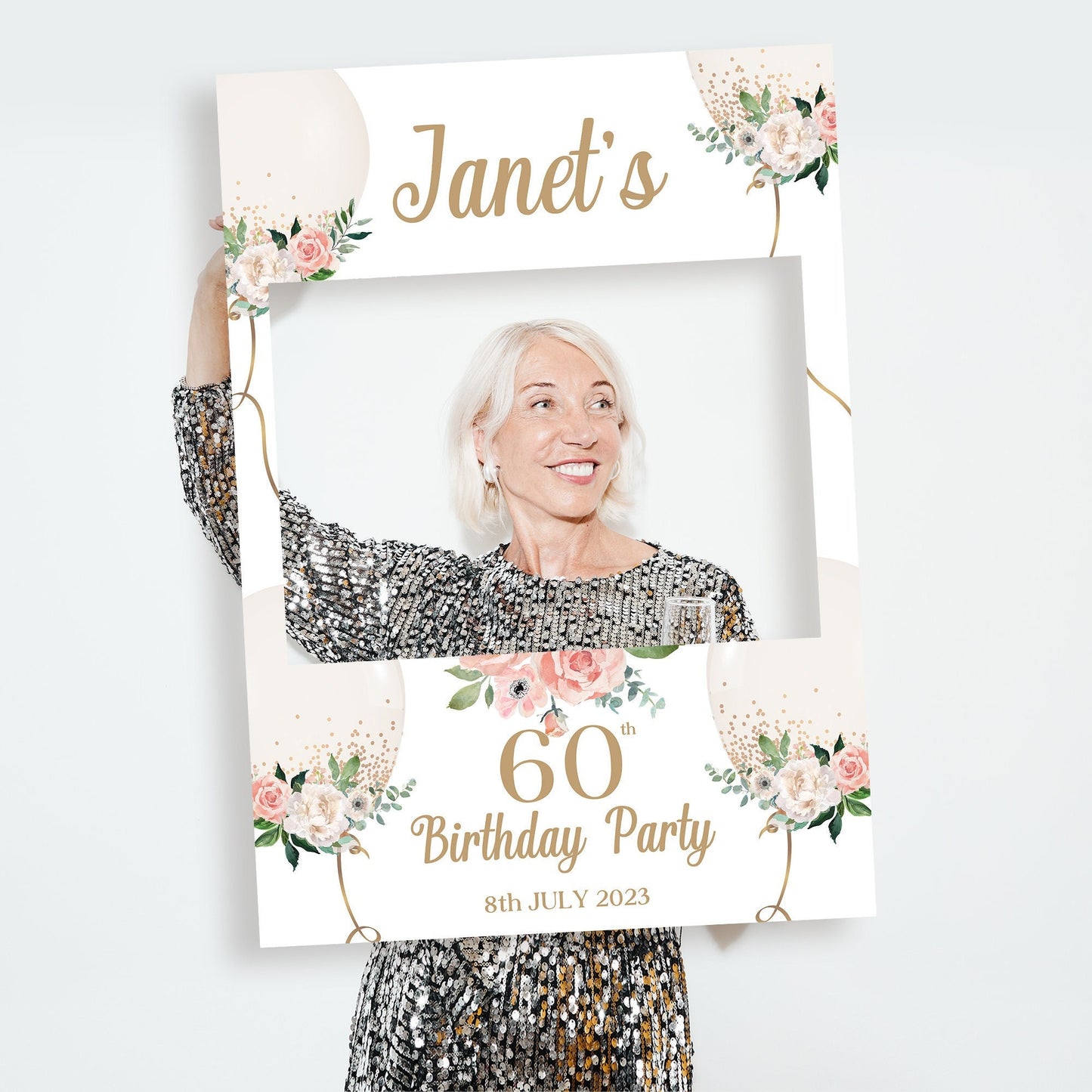 Gold Balloons & Roses Birthday Party Selfie Frame and Welcome Sign, 60th Birthday Photobooth Frame, 60th Birthday Party Party Sign, ANY AGE