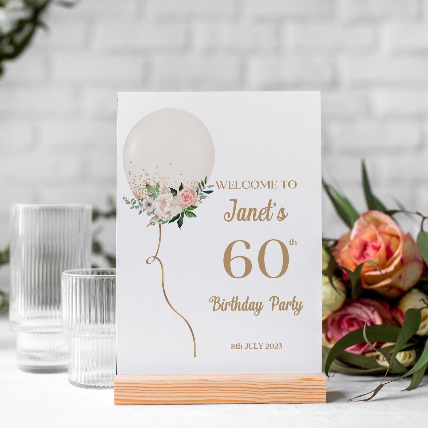Gold Balloons & Roses Birthday Party Selfie Frame and Welcome Sign, 60th Birthday Photobooth Frame, 60th Birthday Party Party Sign, ANY AGE