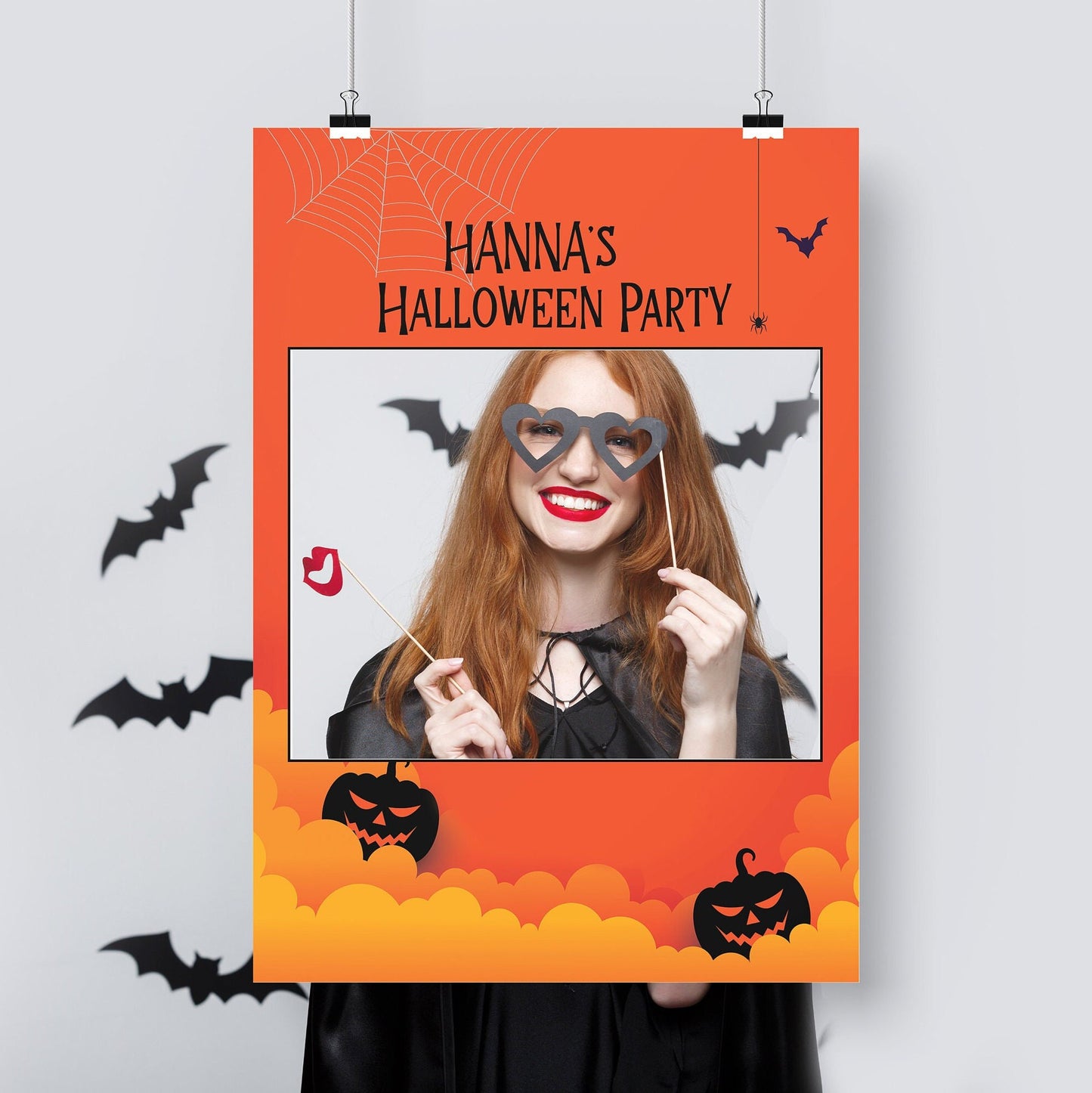 Pumpkin and Spider Web Halloween Party Frame and Sign