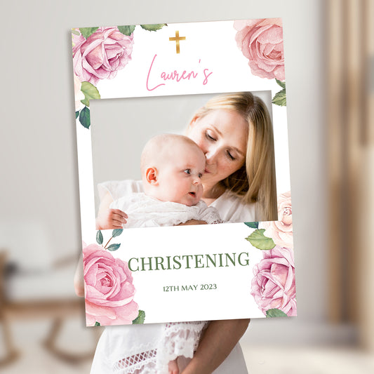 Pink Roses Christening Frame & Welcome Sign