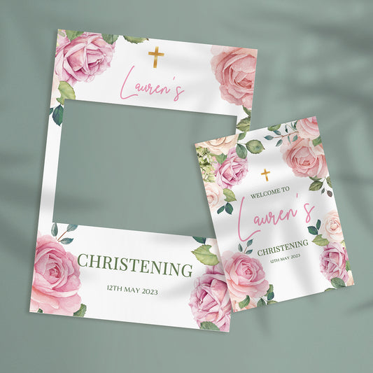 Pink Roses Christening Frame & Welcome Sign