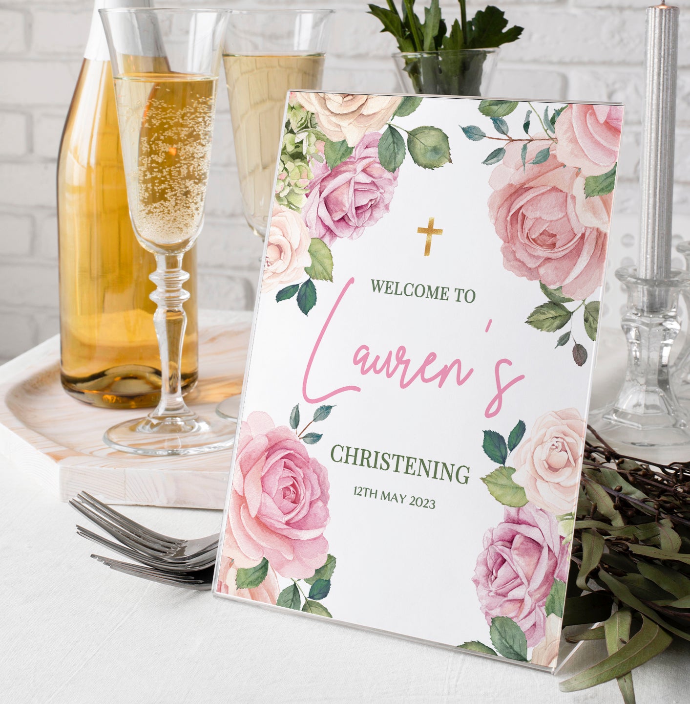 Pink Roses Christening Frame & Welcome Sign