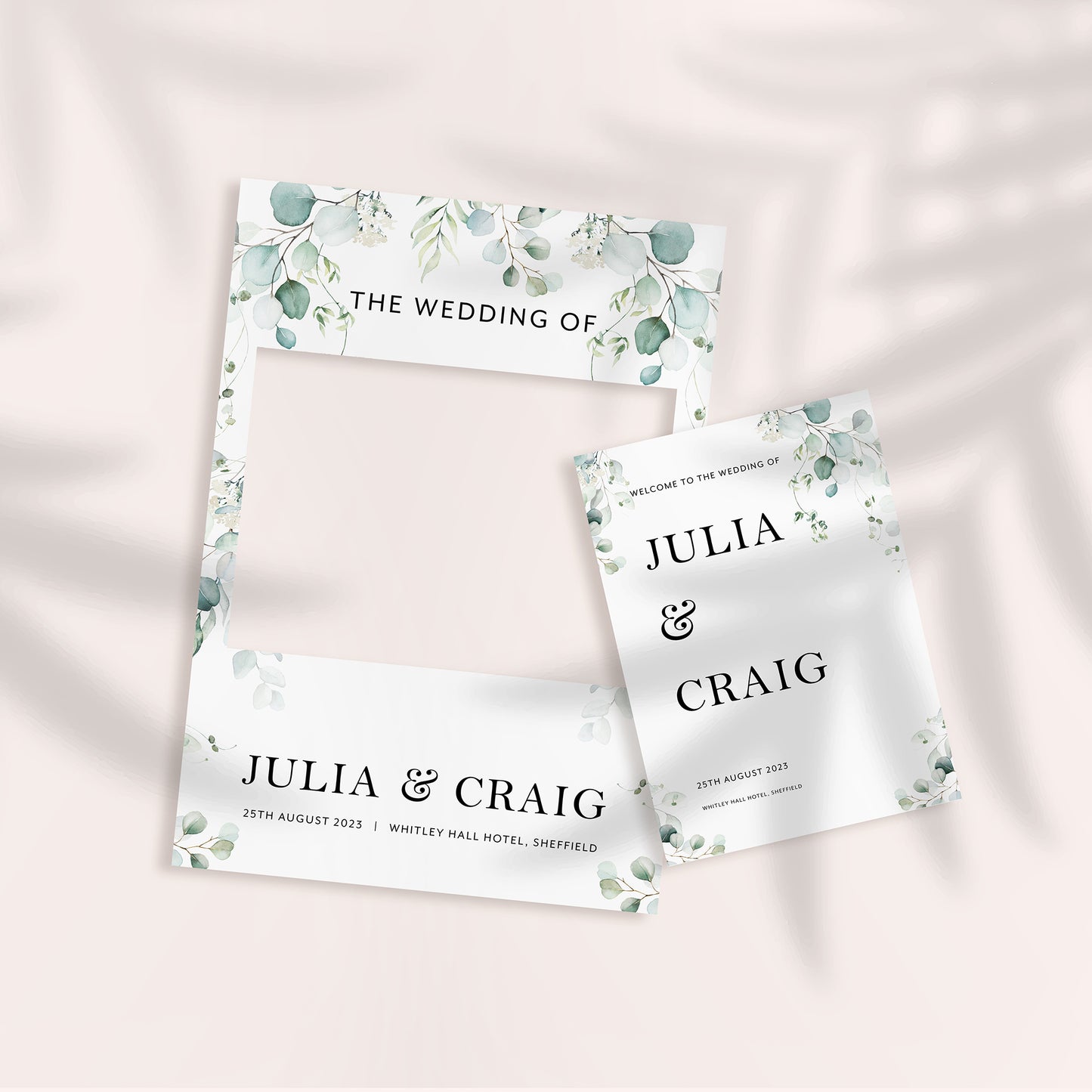 Eucalyptus Wedding Selfie Frame & Matching Welcome Sign