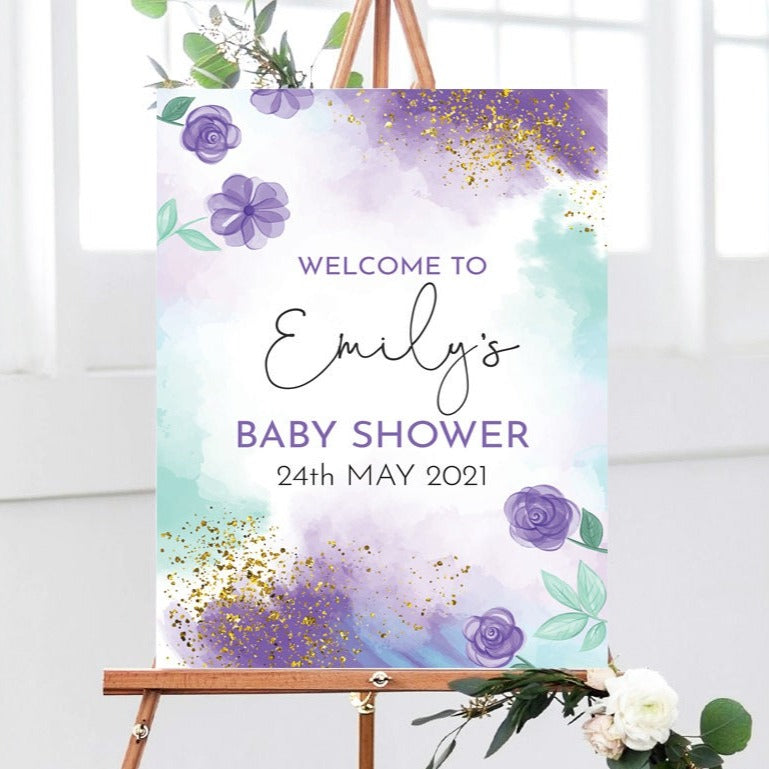 Purple Watercolour Baby Shower Welcome Sign