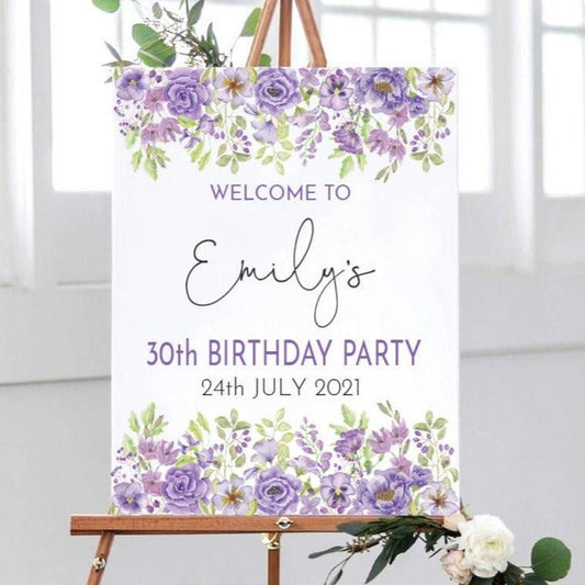 Purple Floral Birthday Party Welcome Sign - Smart Party Shop