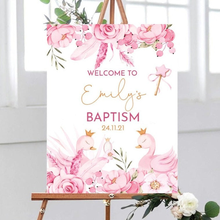 Pink Princess Swan Baptism Welcome Sign