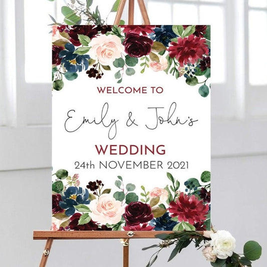 Burgundy & Navy Wedding Welcome Sign